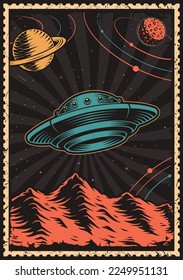 Vintage UFO poster with flying saucer. This design can also be used as a t-shirt print.