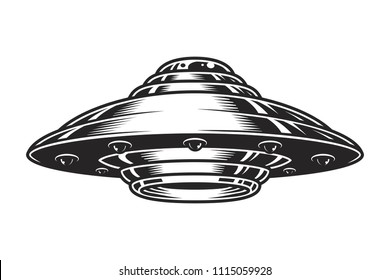 Vintage UFO spaceship concept in monochrome style isolated vector illustration