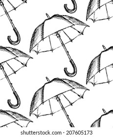 Vintage umbrella in sketch style, seamless pattern 