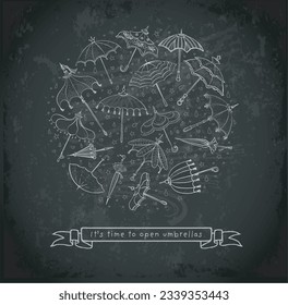 Vintage umbrellas in circle with place for your text on blackboard background. Vector sketch illustration.