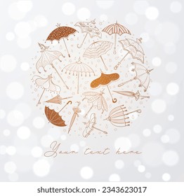 Vintage umbrellas in circle with place for your text on white glowing background. Vector sketch illustration.