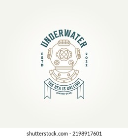 Vintage Underwater Diving Club Classic Line Art Icon Logo Template Vector Illustration Design. Retro Antique Diving Helmet Logo Concept