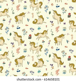 Vintage unicorn in forest flowers pattern