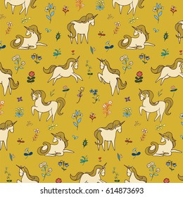 Vintage unicorn in forest flowers pattern