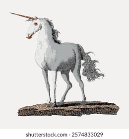 Vintage unicorn illustration, mythical unicorn art, classic unicorn drawing. Mythical creature, unicorn artwork.