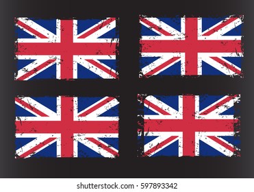 Vintage Union Jack, Great Britain grunge flag set isolated on black background, vector illustration.