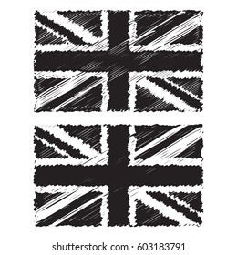 Vintage Union Jack, Great Britain sketched flag set, black isolated on white background, vector illustration.