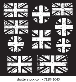 Vintage Union Jack, Great Britain grunge flag set, white isolated on black background, vector illustration.