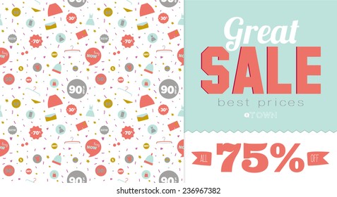 Vintage unique coming soon pattern and biggest sale poster. Typographic poster in hipster style. Vector template. Great discount. Low prices. Special offer. The best time to buy. Labels and ribbons