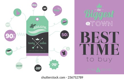 Vintage unique coming soon tags and biggest sale posters. Typographic poster in hipster style. Vector template. Great discount. Low prices. Special offer. The best time to buy. Labels and ribbons