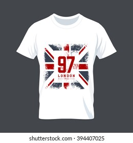 Vintage United Kingdom flag tee print vector design. Premium quality Great Britain superior number logo concept. London t-shirt wear mock up.