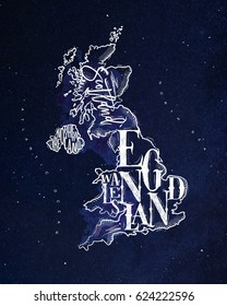 Vintage united kingdom map with regions inscription scotland, northern ireland, england, wales drawing with chalk on blue background