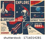 Vintage universe posters collection with text astronaut in outer space flying shuttles man abduction by UFO on cosmic backgrounds vector illustration