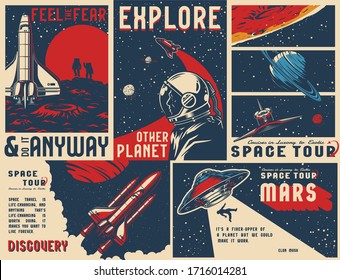 Vintage universe posters collection with text astronaut in outer space flying shuttles man abduction by UFO on cosmic backgrounds vector illustration