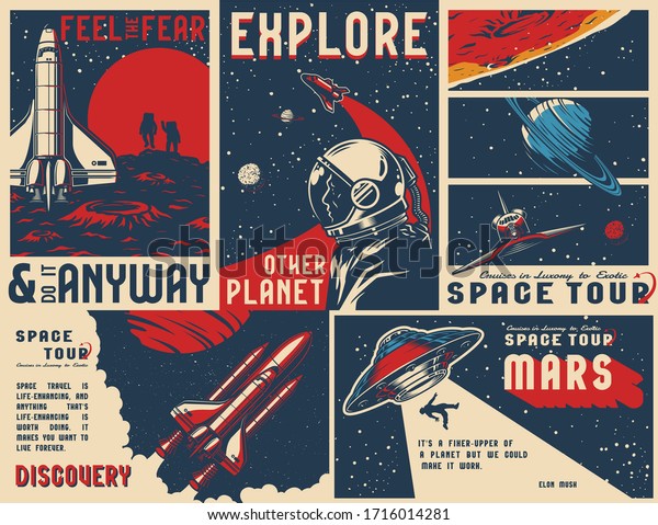 Vintage universe posters collection with\
text astronaut in outer space flying shuttles man abduction by UFO\
on cosmic backgrounds vector\
illustration