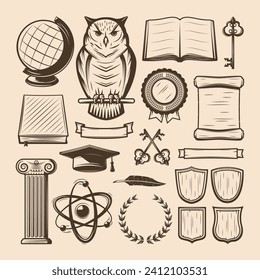 Vintage university and academy elements set. Vector illustration