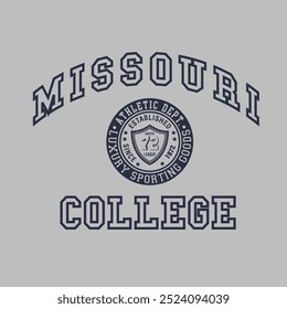 Antiguas University Typography Missouri Slogan Text Print Camiseta gráfica o sudadera con capucha con textura grunge - Vector