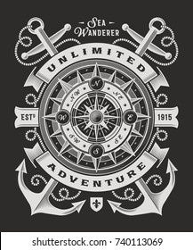 Vintage Unlimited Adventure Typography On Black Background. T-shirt and label graphics in woodcut style. Editable vector illustration.