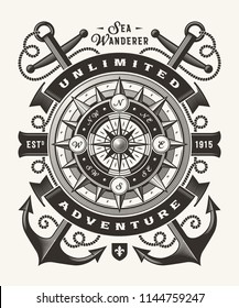 Vintage Unlimited Adventure Typography (One Color). T-shirt and label graphics in woodcut style. Editable EPS10 vector illustration.