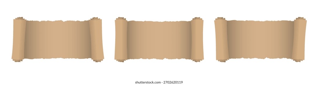Conjunto de rollos desenrollados de Antiguas. Hoja de papel antigua en blanco con bordes rizados para enmarcar notas y Imágenes con diseño medieval