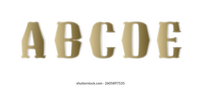 Vintage uppercase alphabet in a decorative retro style. Golden beveled letters with shadow effects. Perfect for game logos, posters, invitations, and classic designs.
