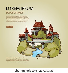 vintage urban day landscape with ancient castle on the bridge. Place for your text