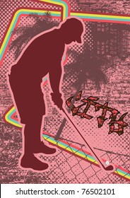 Vintage urban grunge background design with golf player silhouette. Vector illustration.