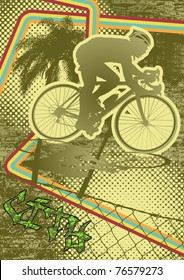 Vintage urban grunge background design with cyclist silhouette. Vector illustration.