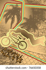 Vintage urban grunge background design with bmx biker silhouette. Vector illustration.
