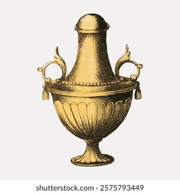 Vintage urn illustration with ornate handles and detailed engravings. The urn, with its classic design, is a beautiful example of vintage artistry. Vintage art drawing, isolated vector element.