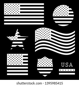Vintage USA American flag set, white isolated on black background, vector illustration.