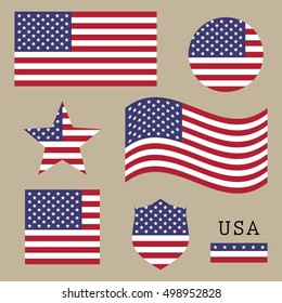 Vintage USA American flag set, isolated on brown background, vector illustration.