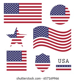 Vintage USA American flag set, isolated on white background, vector illustration.