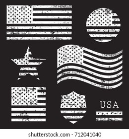 Vintage USA American grunge flag set, white isolated on black background, vector illustration.