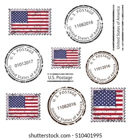 Vintage USA American grunge postal stamps and postmarks with USA flag, set isolated on white background, vector illustration.