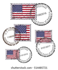 Vintage USA American grunge postal stamps and postmarks with USA flag, set isolated on white background, vector illustration.
