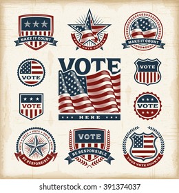 Vintage USA election labels and badges set. Editable EPS10 vector illustration with transparency.