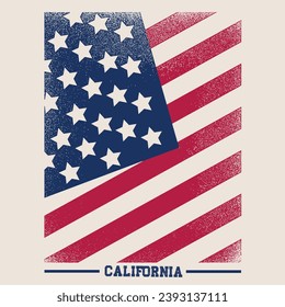 Vintage USA Flag Vector, American Flag with California college text, vintage effects is prints, Grunge texture USA flag t-shirt design