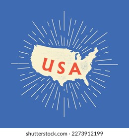 Vintage USA map with grunge texture and emblem. United States of America vintage print for t-shirt. Trendy Hipster design. Vector illustration