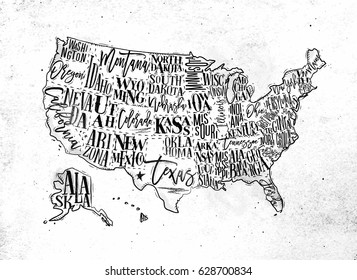 Vintage usa map with states inscription california, florida, washington, texas, new york, kansas, nevada, tennessee, missouri, arizona, illinois, oregon, louisiana drawing on dirty paper