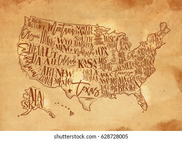 Vintage Usa Map With States Inscription California, Florida, Washington, Texas, New York, Kansas, Nevada, Tennessee, Missouri, Arizona, Illinois, Oregon, Louisiana Drawing With Chalk And Yellow