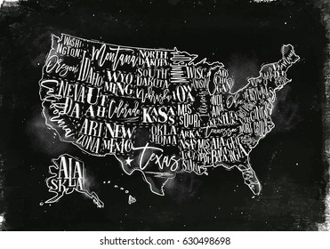 Vintage usa map with states inscription california, florida, washington, texas, new york, kansas, nevada, tennessee, missouri, arizona, illinois oregon louisiana drawing with blue on chalkboard