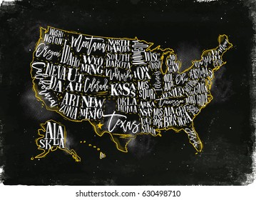 Vintage usa map with states inscription california, florida, washington, texas, new york, kansas, nevada, tennessee, missouri, arizona, illinois, oregon, louisiana drawing with chalk and yellow