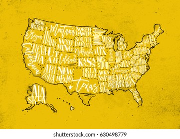 Vintage usa map with states inscription california, florida, washington, texas, new york, kansas, nevada, tennessee, missouri, arizona, illinois, oregon, louisiana drawing on yellow paper