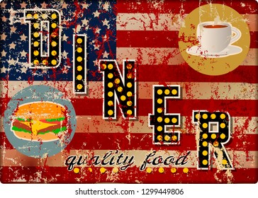 Vintage USA metal route sixty six diner sign, retro grungy vector illustration