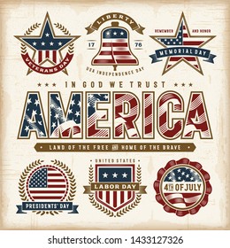Vintage USA Patriotic Holidays Labels Set.  Editable EPS10 vector illustration in retro woodcut style with transparency.