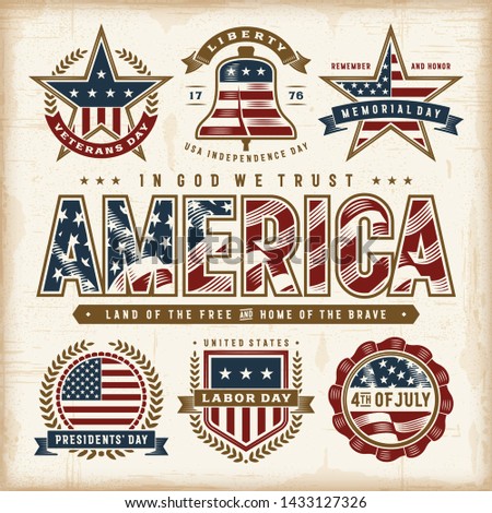 Vintage USA Patriotic Holidays Labels Set.  Editable EPS10 vector illustration in retro woodcut style with transparency.