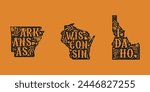 Vintage USA state map with grunge texture and emblem. Arkansas, Wisconsin, Idaho vintage print for t-shirt. Trendy Hipster design. Vector illustration