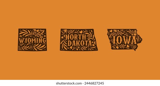 Vintage USA state map with grunge texture and emblem. Wyoming, North Dakota, Iowa vintage print for t-shirt. Trendy Hipster design. Vector illustration