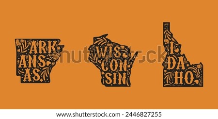 Vintage USA state map with grunge texture and emblem. Arkansas, Wisconsin, Idaho vintage print for t-shirt. Trendy Hipster design. Vector illustration